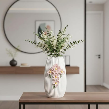 Ceramic Flower Vase - 9 Inch White Modern Vase for Pampas Grass, 3D Floral Vase for Living Room, Kitchen, Easter Table, Dining Room, Table Decor