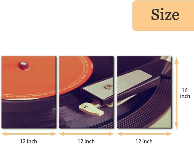 Pacimo 3 Pieces Canvas Wall Art - Old Record Player Pictures Painting Prints on Canvas Retro Musical Instrument Painting Modern Wall Art for Home Decor Stretched and Framed Ready to Hang - 12"x16"x3