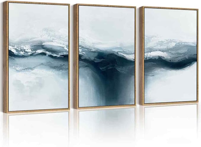 PHOPAGO Blue Abstract Framed Wall Art Large 16x24in Ocean Landscape Wall Decor Modern Art Paints for Living Room Bedroom - Natural Framed