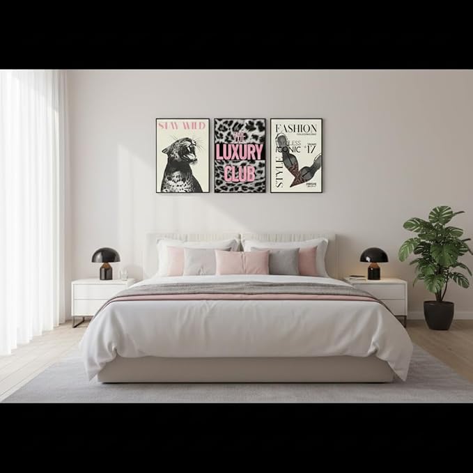Yxjyzzkx Leopard Wall Art Set of 3, Black and White Cheetah Canvas Prints with Pink Quotes, Fashion Animal Wall Decor, Eclectic Modern Aesthetic Posters for Living Room Bedroom, 12x16 Inch