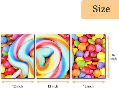 Pacimo 3 Pieces Canvas Print Wall Art Set Variety of Rainbow Candy Food Dessert Pictures Painting Prints on Canvas Modern Artwork Framed Wall Decor for Living Room Bedroom Office - 12"x16"x3