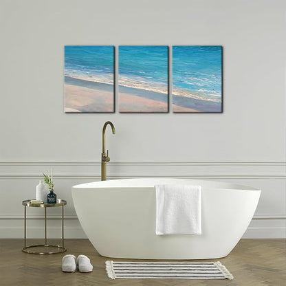 Pacimo - 3 Panels Canvas Wall Art Decor - Oil Painting Style Seascape with Waves on The Beach - Giclee Modern Artwork Prints on Canvas Gallery Wrap Home Decor Stretch Framed Ready to Hang - 12"x16"x3