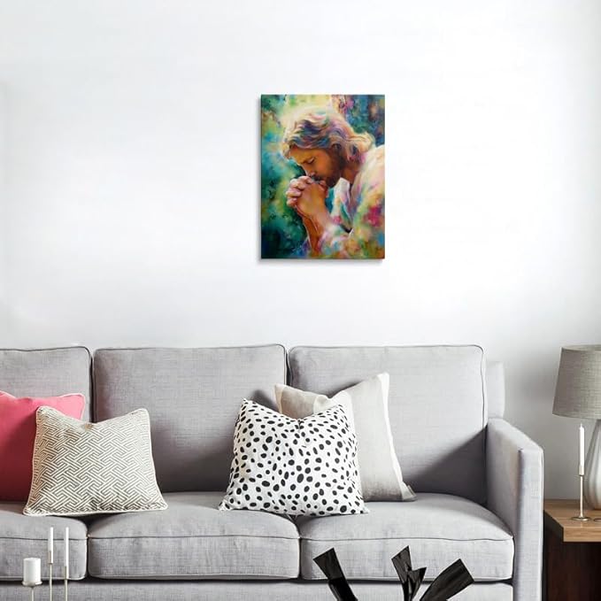 Praying Jesus Canvas Wall Art Colorful abstract Christianity Painting Picture Wall Decor religious Poster Print Artwork for Prayer Room Living Room 16x24 Inches
