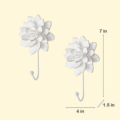 Guichifun Flower Shaped Decorative Wall Hooks - 2pcs Resin White Vintage Decor Hanger for Keys, Bags, Towels Bathroom Living Room Kitchen Home Decoration Gift 4 x 1.5 x 7 Inch