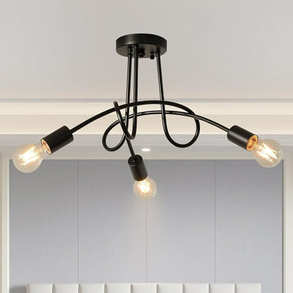 Modern Farmhouse Chandelier,22 Inch 3 Light Sputnik Semi Flush Mount Ceiling Light, Metal Black Rustic Light Fixture for Dining Room Bedroom Kitchen Hallway Entryway