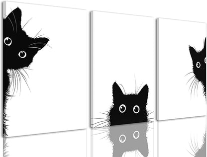 AOYUSMO 3 Piece Black Cat Canvas Wall Art Funny Animal Wall Art for Nursery Cute Picture Decor Minimalist Black And White Modern Prints for Children's Room Bedroom 16"x24" Framed