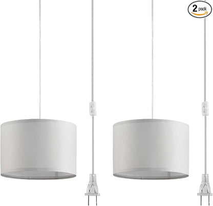 2 Pack Plug in Pendant Light, Hanging Light with 15Ft Clear Cord, On/Off Switch, French Grey Fabric Lamp Shade, Hanging Light Fixture for Bedroom, Kitchen, Living Room, Dining Table