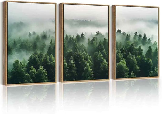 PHOPAGO Green Fog Pine Tree Framed Wall Art Nature Misty Nordic Forests Artwork Morden Paints Bedroom Living Room Home Decor - 11x14in Natural Framed