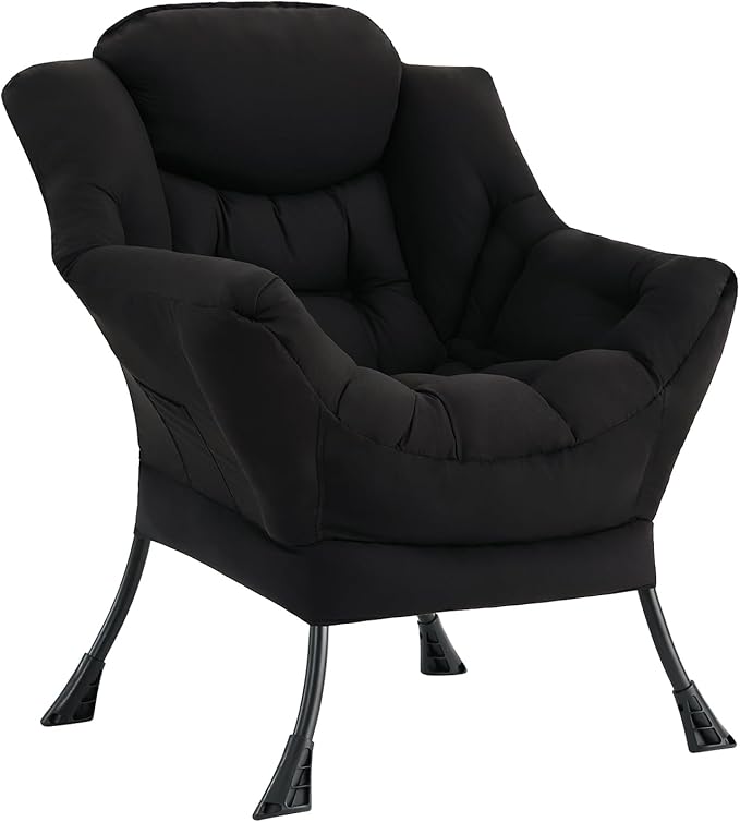 MBOOYOME Lazy Chair, Modern Soft Reading Chair Accent Contemporary Sofa Chair with Armrests and a Side Pocket for Living Room, Bedroom, Dorm & Office, Black