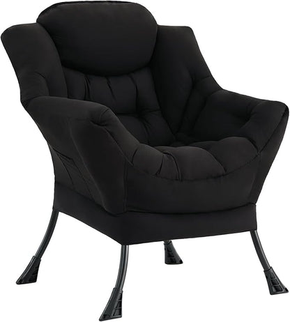 MBOOYOME Lazy Chair, Modern Soft Reading Chair Accent Contemporary Sofa Chair with Armrests and a Side Pocket for Living Room, Bedroom, Dorm & Office, Black