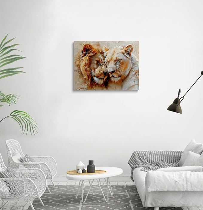Romantic Lion Couple Canvas Wall Art Framed Painting Lion and Lioness Affection Moment Warm Earthy Tones Impasto Texture Wildlife Wall Decor Artwork for Bedroom Office Den 16x24 Inches