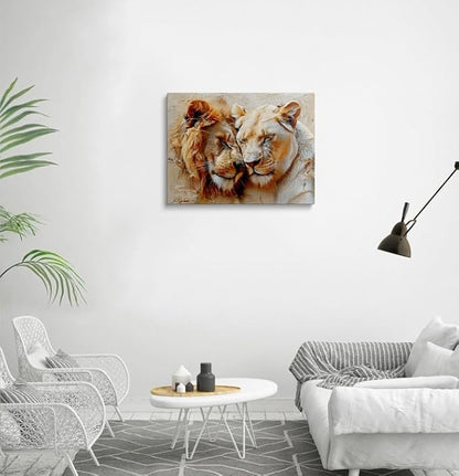 Romantic Lion Couple Canvas Wall Art Framed Painting Lion and Lioness Affection Moment Warm Earthy Tones Impasto Texture Wildlife Wall Decor Artwork for Bedroom Office Den 16x24 Inches