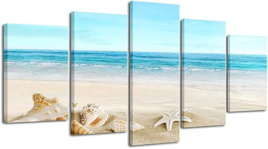 Pyradecor Extra Large Sea Shells Canvas Wall Art Modern Seascape Artwork Landscape Pictures Paintings Canvas Prints for Home Office Decorations