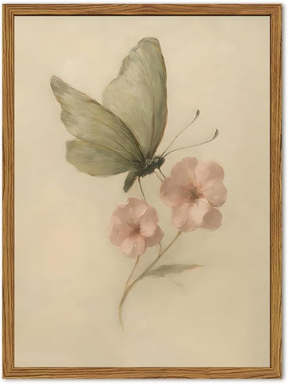 Framed Vintage Wall Art, Butterfly and Pink Floral Pictures Wall Decor, Retro Flower Moth Painting Canvas Prints Cottagecore Home Decor Aesthetic for Living Room Bedroom Bathroom 16x24 inch