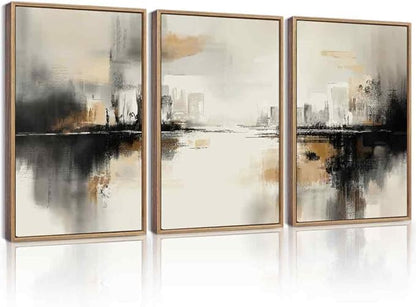 Drsoum Vintage Black Gray Abstract Wall Art Framed Brown Tan Neutral Prints Minimalist Modern Rustic Artwork Bedroom Living Room Ready to Hang 16x24in Natural Framed