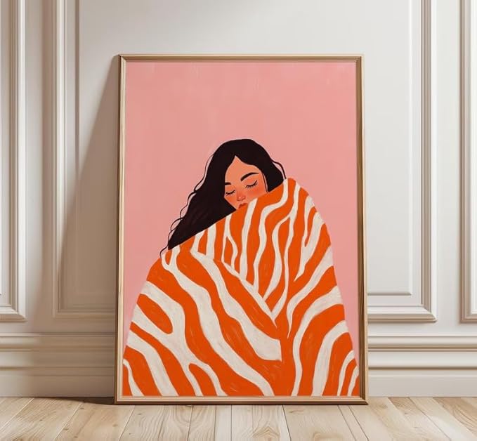 ZHBJSM Cozy Woman Wall Art Modern Soft Pastel Pink Orange Textured Blanket Gentle Calm Vibe Home Bedroom Living Room Warm Inviting Comfortable Interior Decor Statement Piece 16x24 Inch Unframed