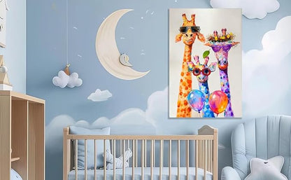 16x24 Graffiti Giraffe Family Canvas Wall Art, Colorful Framed Animal Prints with Sunglasses & Balloon, Funny Lovely Artwork for Kids, Teen Boys Girls, Nursery Bedroom & Living Room Home Decor