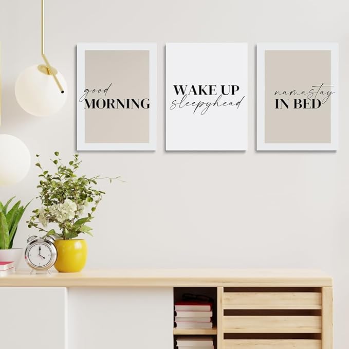 GUBIYU Bedroom & Morning Wall Art Prints Set of 3, Above Bed Decor, Good Morning Namastay in Bed Canvas Art, 20"x28" Each