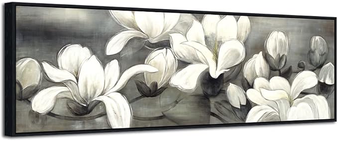 Wieco Art Framed Art Magnolia Flower Modern Canvas Prints Floral Prints Reproduction Pictures Artwork on Stretched and Framed Canvas Wall Art for Home Decoration Wall Decor Black