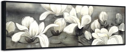 Wieco Art Framed Art Magnolia Flower Modern Canvas Prints Floral Prints Reproduction Pictures Artwork on Stretched and Framed Canvas Wall Art for Home Decoration Wall Decor Black