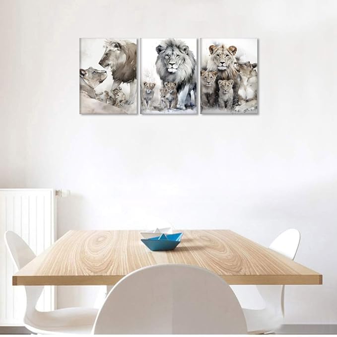 Modern 3 Piece Wild Animal Lion Canvas Paintings Lion Family Portrait Pictures Wall Decor Artwork Living Room Bedroom Home Office Decorations, Framed 12W'' x 16H'' x 3pcs