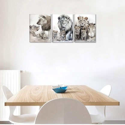 Modern 3 Piece Wild Animal Lion Canvas Paintings Lion Family Portrait Pictures Wall Decor Artwork Living Room Bedroom Home Office Decorations, Framed 12W'' x 16H'' x 3pcs