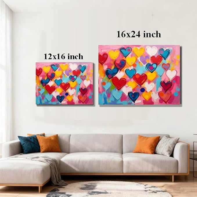 12x16 Framed Graffiti Pink Hearts Canvas Art Wall Modern Abstract Love Painting Colorful Kids Bedroom Decor Teen Girl Rainbow Room Wall Posters Child Gift Bathroom Oil Prints Office Bright Pictures