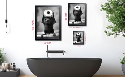 ARKZSHO Black and White Bathroom Wall Art, Funny Bats Canvas Print Poster, Cute Animal Wall Drcor Painting, Modern Farmhouse Restroom Home Decoration (Framed 10''x8'')