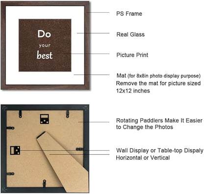 12x12 Walnut Picture Frame Set of 3 for Pictures 8x8 with Mat or 12x12 Without Mat,Wall or Tabletop Gallery Photo Frames with Real Glass