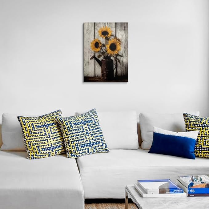 Sunflower Canvas Wall Art Framed Painting Rustic Watering Can with Yellow Blooms on Weathered Wood Farmhouse Wall Decor Artwork for Kitchen Bathroom Living Room 12x16 Inches
