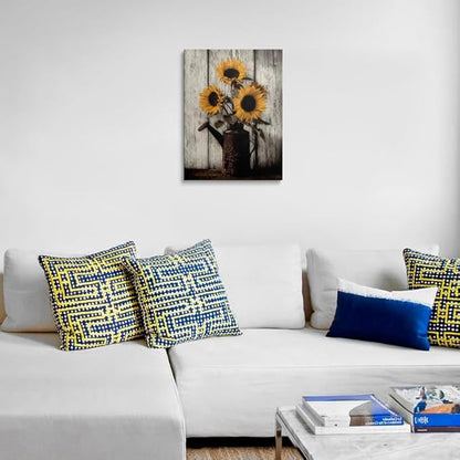 Sunflower Canvas Wall Art Framed Painting Rustic Watering Can with Yellow Blooms on Weathered Wood Farmhouse Wall Decor Artwork for Kitchen Bathroom Living Room 12x16 Inches