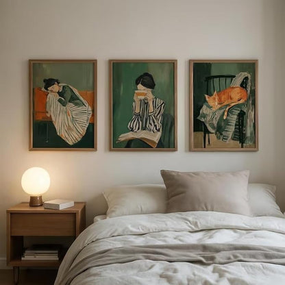 ZHBJSM Cozy Daily Life Wall Art Set of 3 Warm Muted Green Watercolor Boho Chic Modern Casual Sleeping Orange Cat Resting Woman Coffee Book Decor For Bedroom Living Room 12x16 Inch Unframed