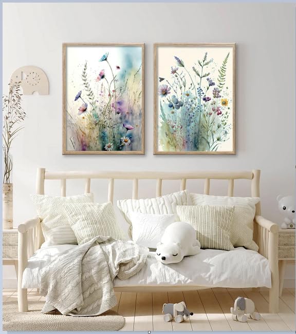 Large Framed Colorful Flowers Bathroom Wall Art Decor, Blue Floral Picture Canvas Print White Daisy Painting Artwork for Bedroom Living Room Office Decoration 16"x24"x2 Panels