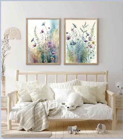 Large Framed Colorful Flowers Bathroom Wall Art Decor, Blue Floral Picture Canvas Print White Daisy Painting Artwork for Bedroom Living Room Office Decoration 16"x24"x2 Panels