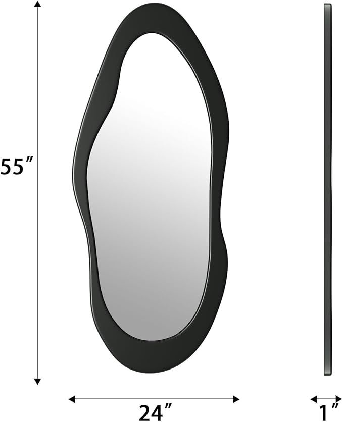 55"x 24" Irregular Wavy Full Length Mirror Black Wooden Framed Full Body Mirror Irregular Wall Mirrors Hanging for Bedroom Living Room Cloakroom