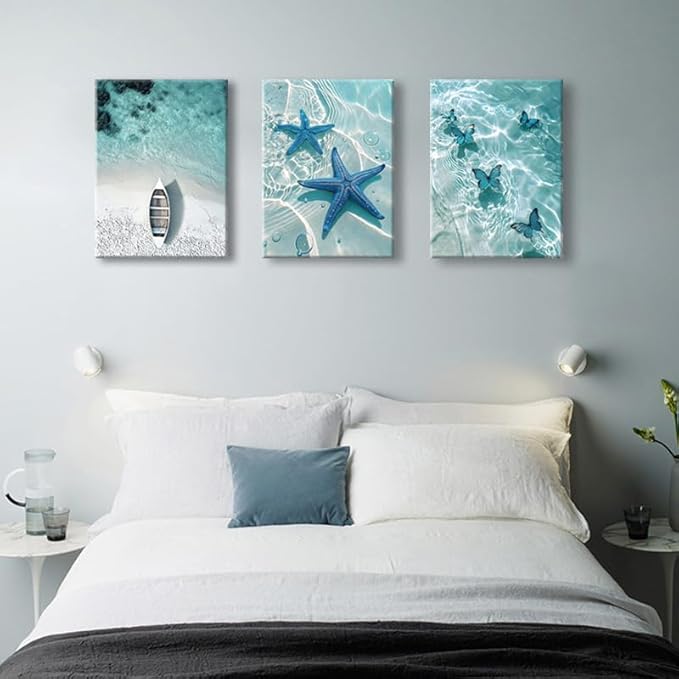 weiyiart Blue Ocean Canvas Wall Art Coastal Starfish Painting Prints Beach Nature Picture Butterfly Artwork for Home Kitchen Bathroom Living Room Wall Decor Ready to Hang 12"x16"x3pcs