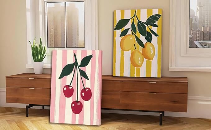LHHJDIO 3 Piece Trendy Fruit Canvas Wall Art Vintage Kitchen Wall Art Colorful Cherry Strawberry Lemon Pictures Wall Decor Fruit Abstract Art Print for Kitchen Dining Room Bedroom 16"x24"