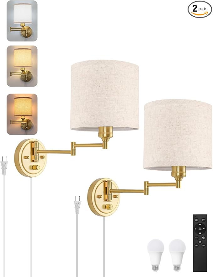 GOODATE Plug in Wall Sconces with Remote Control, Dimming & Adjustable Colors 2700K-6500K, Hardwire or Plug-in, Swing Arm Wall Lamp with Linen Fabric Shade, Wall Sconces Set of Two, Gold Finish