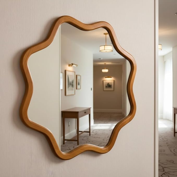 ZIYOO Star Shaped Wall Mirror, Natural Wood Grain Scalloped Edge Decorative Mirror, Boho Accent Mirror for Entryway Bathroom Living Room Bedroom (Wood,28")
