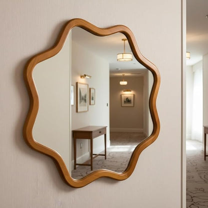 ZIYOO Star Shaped Wall Mirror, Natural Wood Grain Scalloped Edge Decorative Mirror, Boho Accent Mirror for Entryway Bathroom Living Room Bedroom (Wood,28")