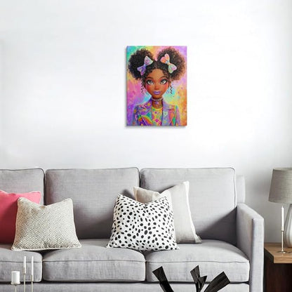 Black Girl Kawaii Art Canvas Wall Art Framed Digital Illustration Cute Curly Hair Pigtails Oversized Blazer Stars Rainbow Wall Decor Artwork Print Poster for Girls Bedroom 12x16 Inches