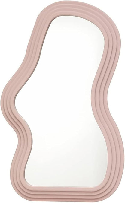 Mokoze Wavy Wall Mirror, Irregular Decorative Accent for Bedroom Vanity Entryway Living Room, Pink Funky Aesthetic Wall Mounted or Tabletop Display, 15.94" x 10.24"