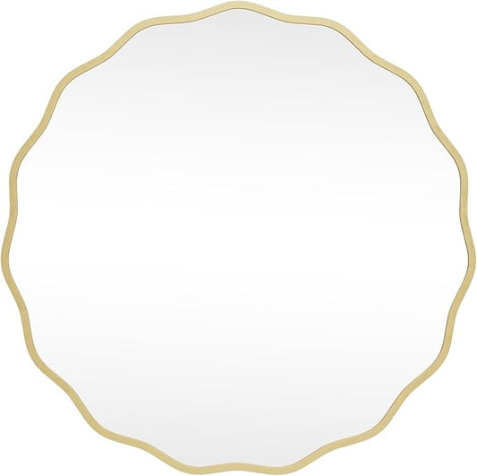 HOMECOOKIN 32" Wavy Round Wall Mirror, Gold Scalloped Circle Mirror Edge Round with Metal Frame, Modern Decorative Hanging/Leaning Mirrors for Bathroom, Hotels, Hallway, Entryway, Vanity, Office