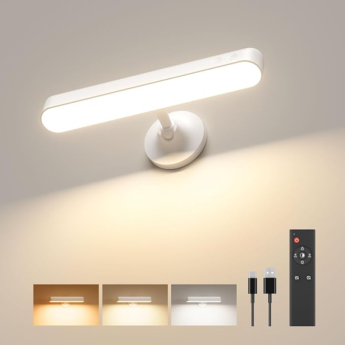 PopoIron Wall Sconce with 7500mAh Rechargeable Battery LED Wall Light for Bedroom with Remote Control, 3 Colors Wireless Wall Lamp 360° Rotate Dimmable Brightness with 15 RGB Colors,White,1Pack