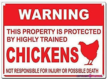 Eletina Warning This Property is Protected by Highly Trained Chickens Not Responsible for Injury Or Death Funny Aluminum Retro Plate, Vintage Metal Tin Sign