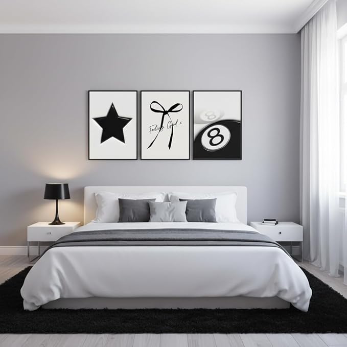 Black and White Wall Art Set of 3, Trendy Star Bow 8 Ball Canvas Wall Decor, Minimalist Aesthetic Wrapped Canvas Prints Ready to Hang for Teen Girl Bedroom Dorm Apartment Room 16x12 or 24x16 Inch