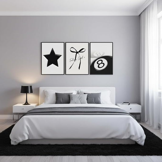 Black and White Wall Art Set of 3, Trendy Star Bow 8 Ball Canvas Wall Decor, Minimalist Aesthetic Wrapped Canvas Prints Ready to Hang for Teen Girl Bedroom Dorm Apartment Room 16x12 or 24x16 Inch