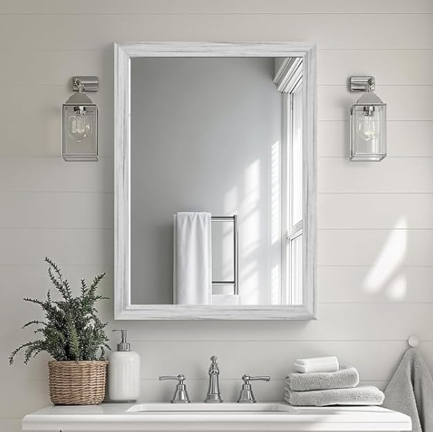 White Wood Effect Framed Wall Mirror, 20x30 Rectangle Mirror, Anti-desilvering Tempered Glass, Sustainable& Sturdy Frame, Farmhouse Mirror, Anti-Rust, 3min Fast Setup for Bathroom Living Room