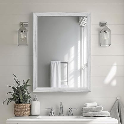 White Wood Effect Framed Wall Mirror, 24x32 Rectangle Mirror, Anti-desilvering Tempered Glass, Sustainable& Sturdy Frame, Farmhouse Mirror, Anti-Rust, 3min Fast Setup for Bathroom Living Room