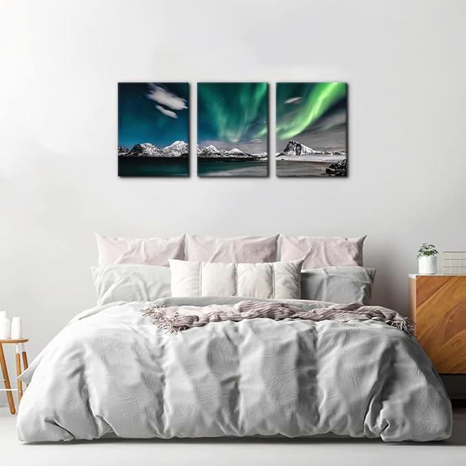 Pacimo Canvas Wall Art Aurora Scenery Painting for Living Room Decoration Natural Landscape Canvas Paintings 3 Piece Bedroom Home Office Decor Stretched Framed Ready to Hang - 12" x 16" x 3